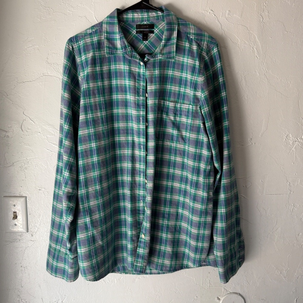 J. Crew Boys Size 14 Tall Long Sleeve Button Down Flannel Shirt Plaid Green Blue